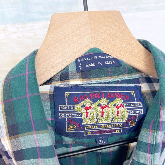 Ralph Lauren Chaps Vintage Poplin Button Down Shirt Green Plaid Korea Mens XL - Picture 5 of 5